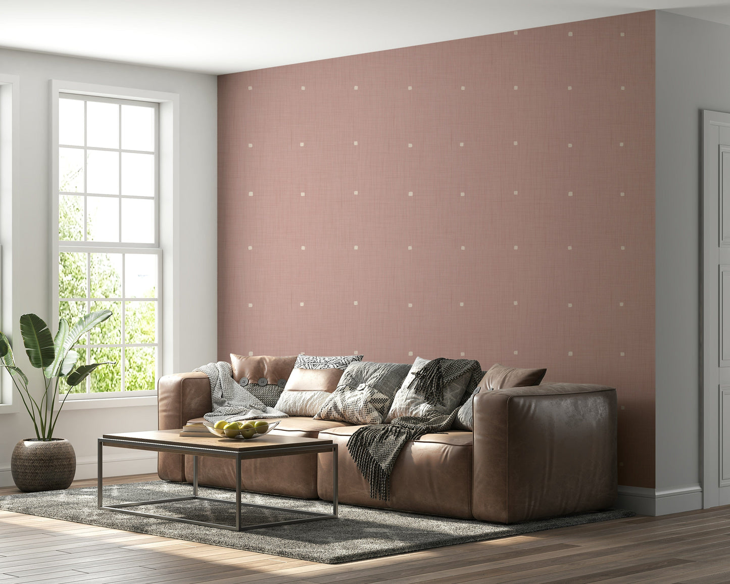 Feminine powder pink wall covering Dusty Rose Grid delicate dappled dots