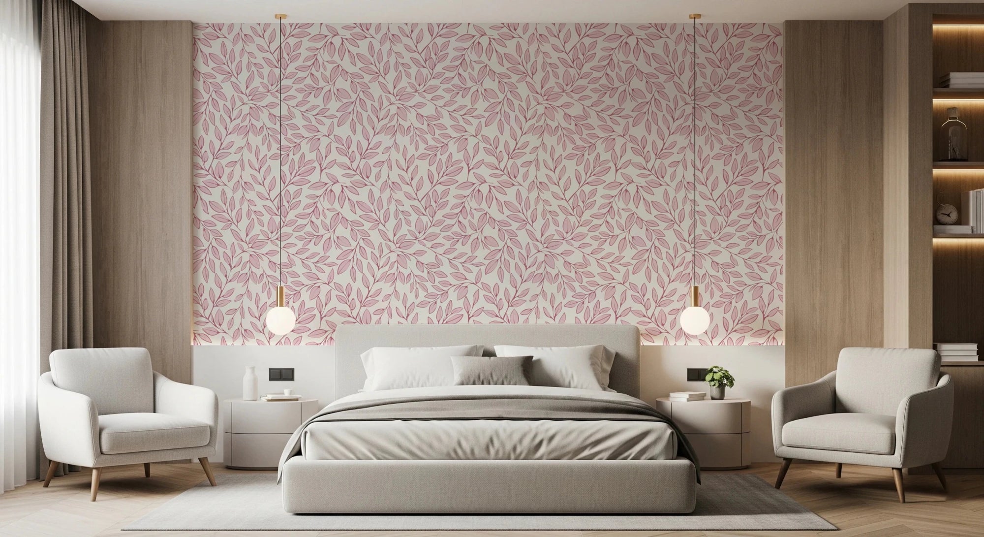 Dusty Rose Vines wallpaper of pink leaves on cream behind a grey upholstered bed flanked by armchairs
