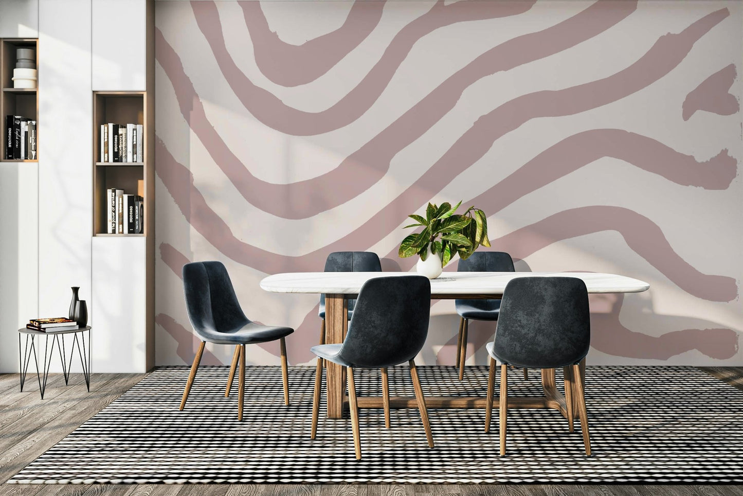 Curved abstract mural in dusty pink

