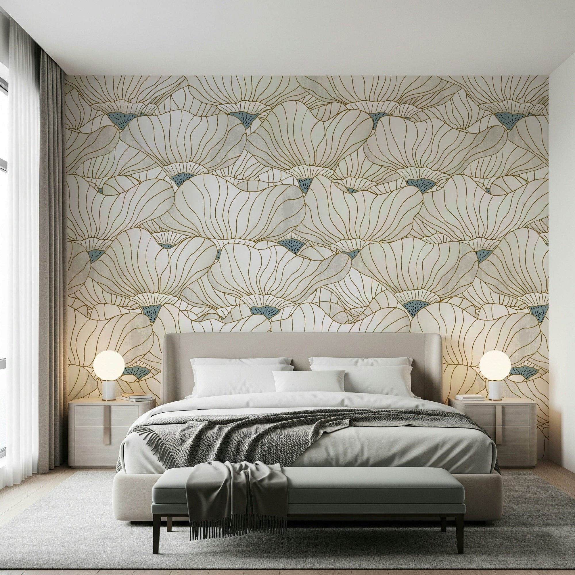 Dusty White Botanical Bloom Waves wallpaper with gold line lotus blooms behind a beige bed with twin globe lamps