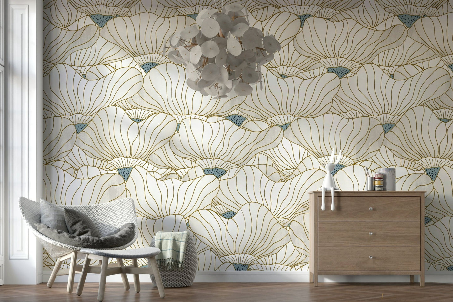 Dusty White Botanical Bloom Waves  Wall Mural