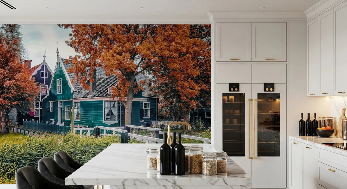 Fall canal wall mural complements wood tones