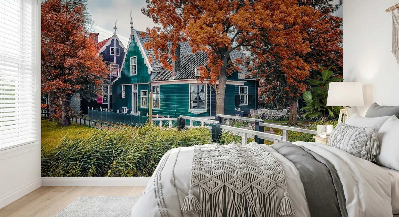 Dutch canal wall mural above cozy bedroom bed
