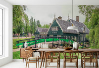 Dutch Charms Wall Mural on home feature wall, green wallpaper tones and nature motif