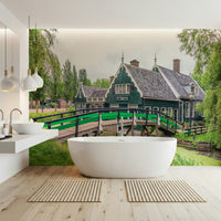 Wide view of Dutch Charms Wall Mural, green wallpaper background with nature details at home