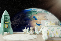 Blue Earth from Space wallpaper mural solar flare light.