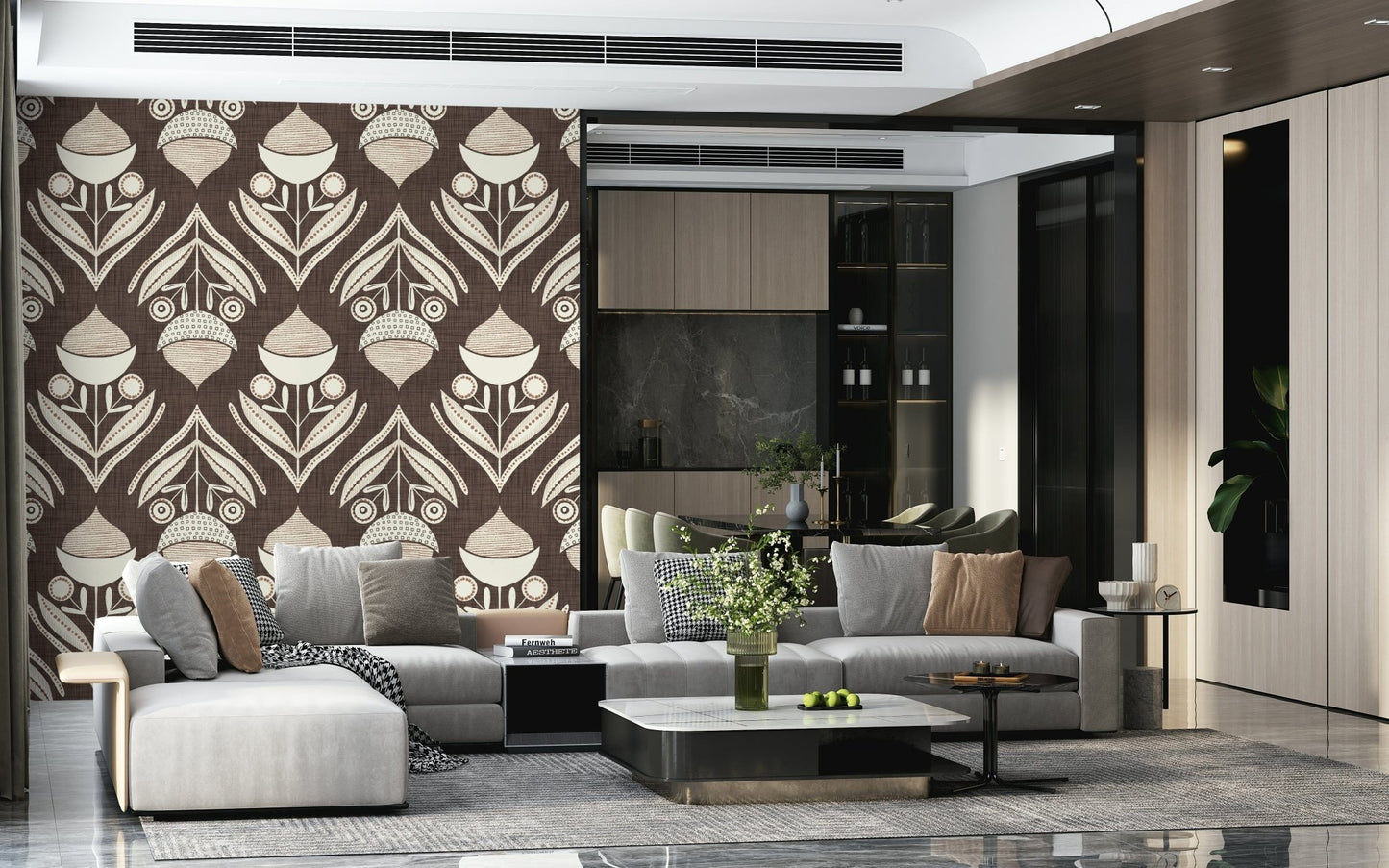 Earth Tone Floral wallpaper featuring abstract flower forms with curved leaves and dotted details.