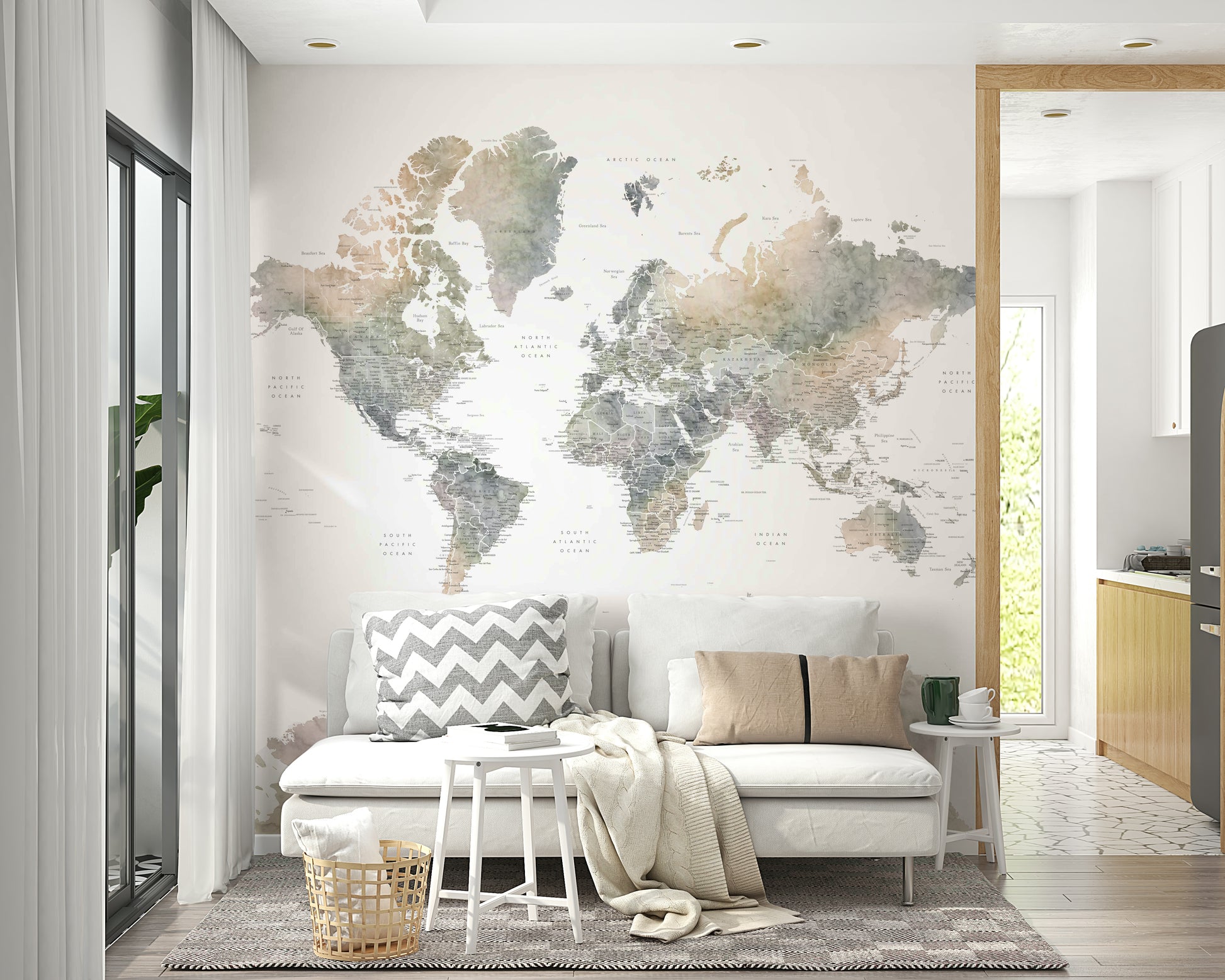 Rustic watercolor map mural for cozy interiors

