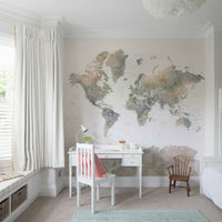 Peel and stick world map wallpaper in earth hues

