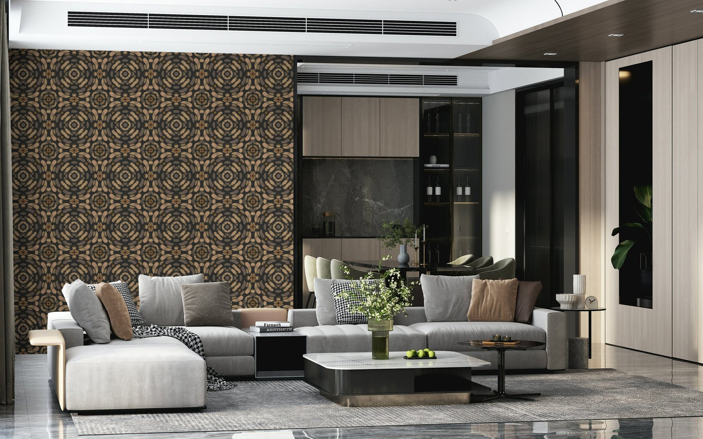 Earth-toned symmetrical pattern with warm browns, beiges, and natural geometric shapes.