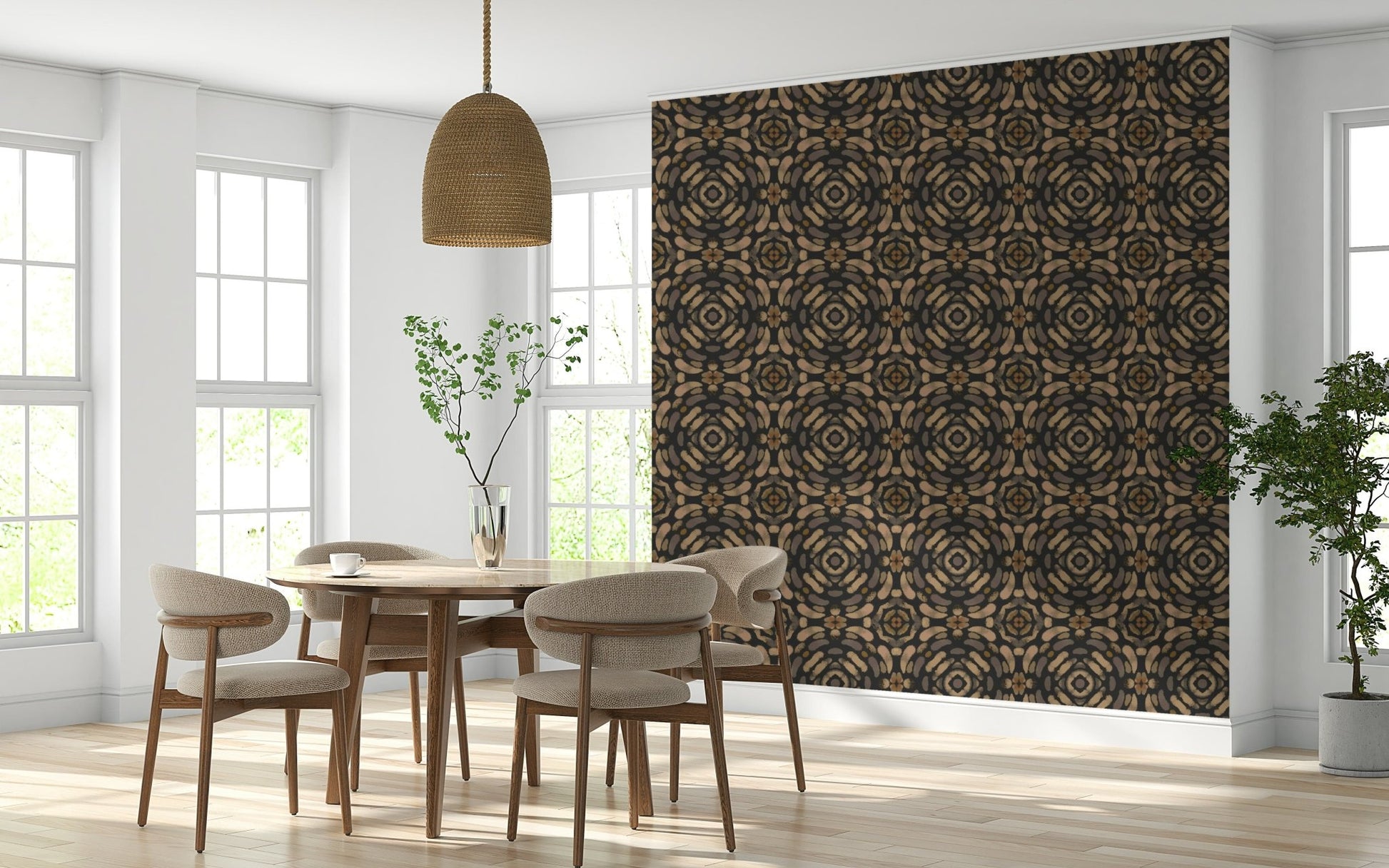 Warm-toned symmetrical design adding organic balance to interior spaces.