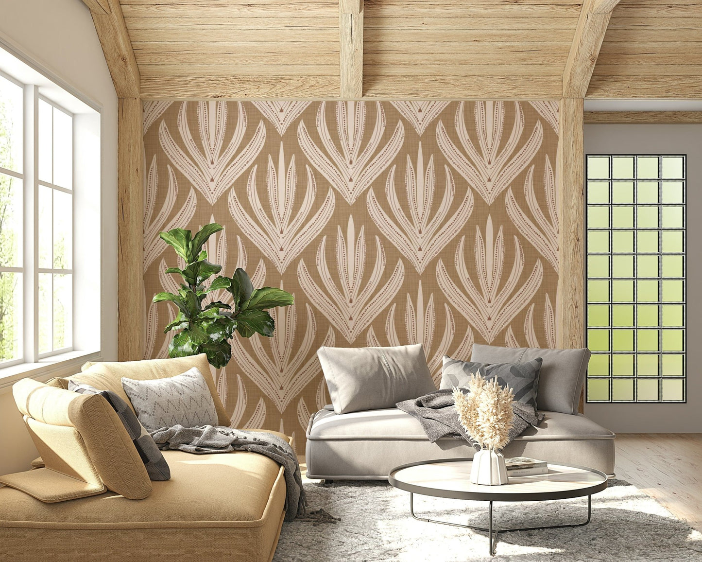 Earthy Abstract Harmony wallpaper mural with nature-inspired geometric leaf shapes in a harmonious layout.