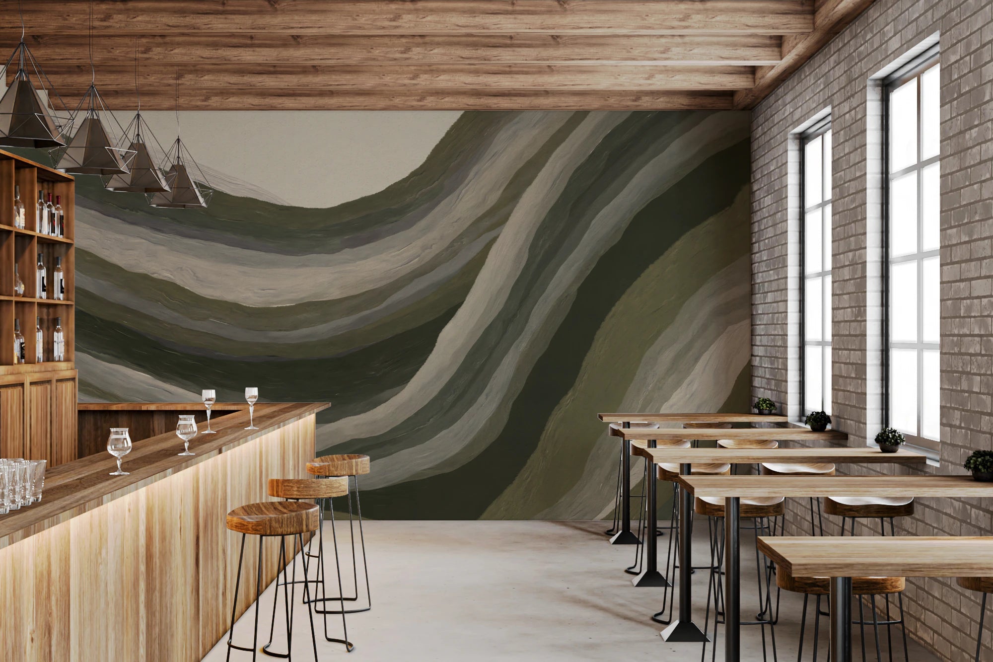 Earthy Abstract Textured Landscape Wall Mural - Green Grey