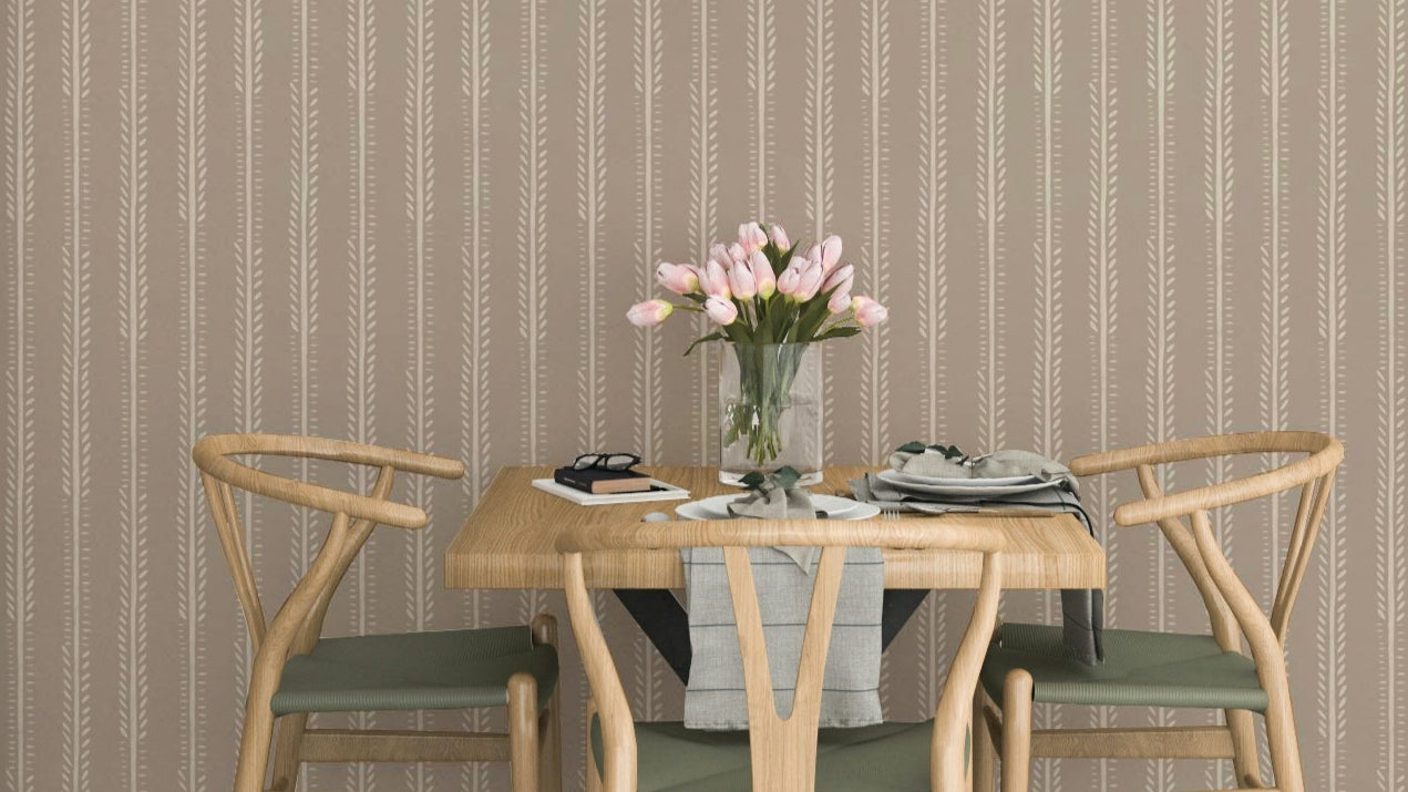 Earthy botanical striped wallpaper in natural tones

