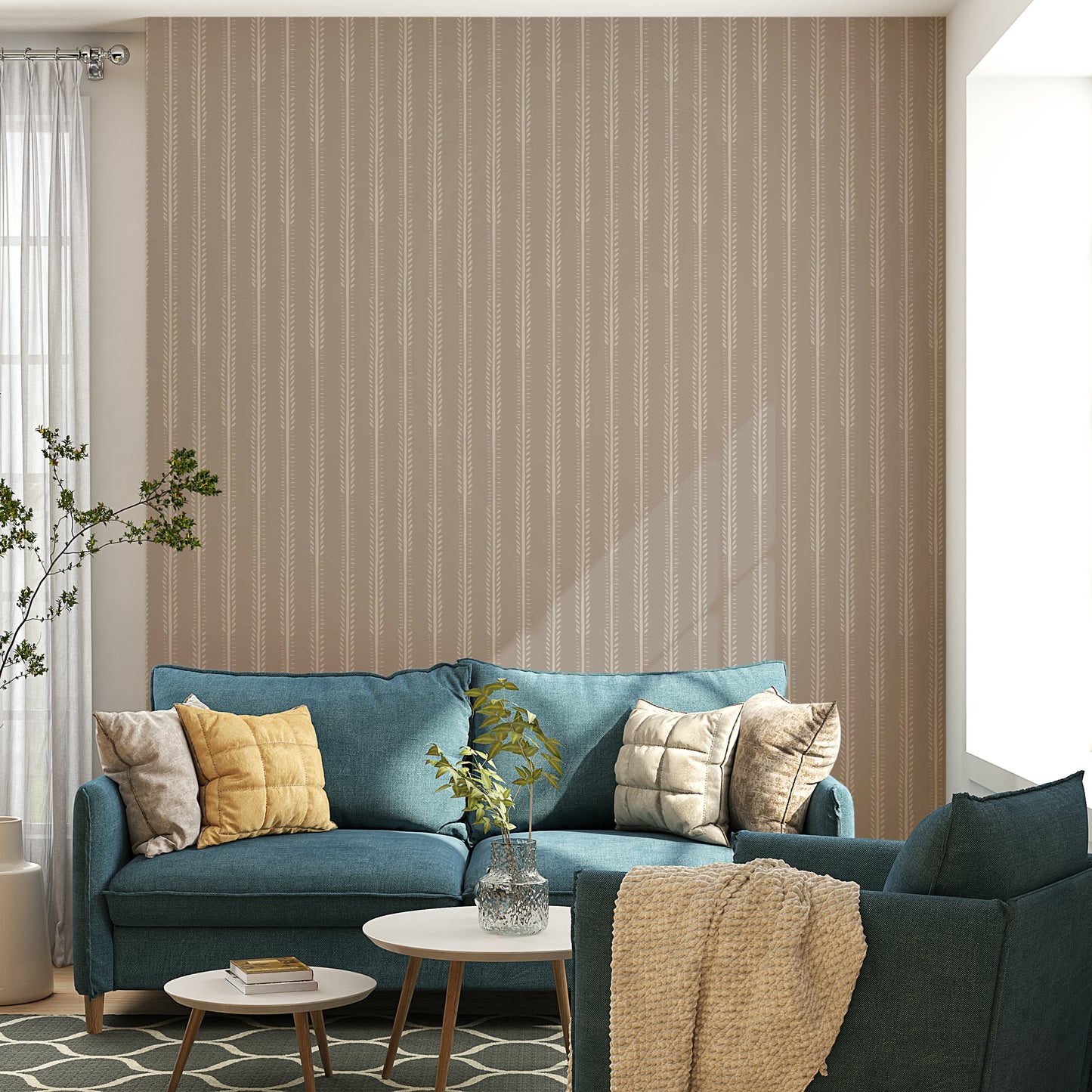 Botanical print wallpaper with structured stripe layout

