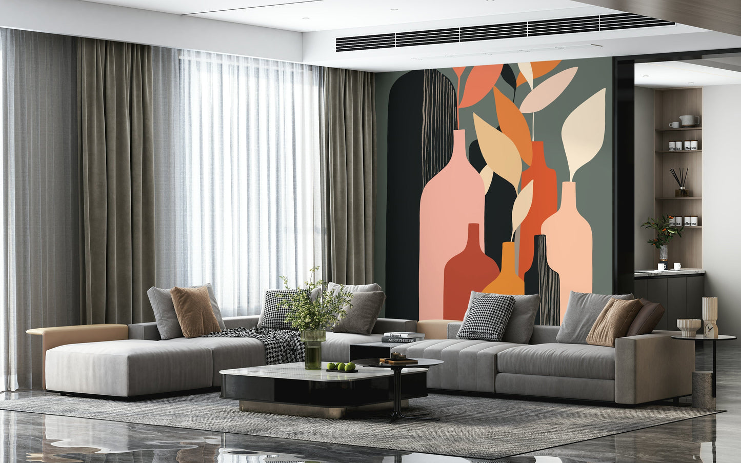 Decorazione murale con bottiglia nei toni della terra