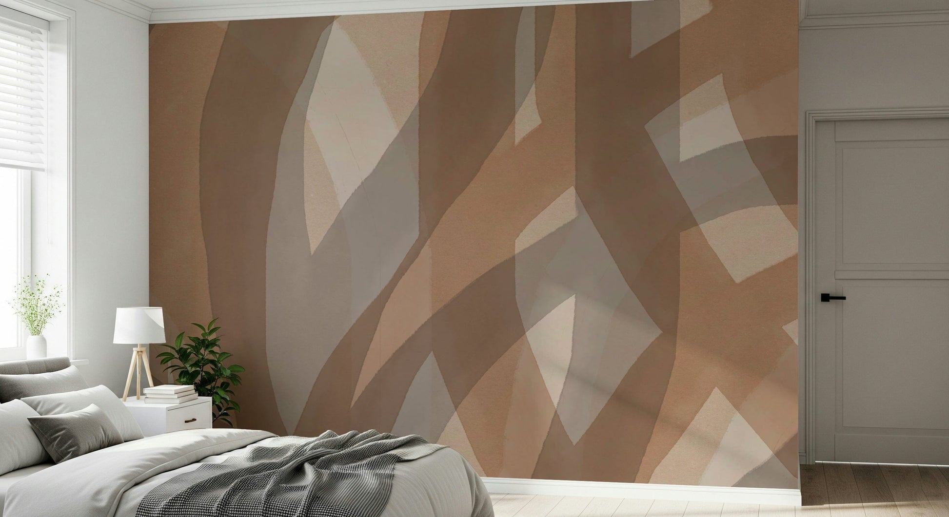 A peaceful modern abstract mural on decorative wallpaper.