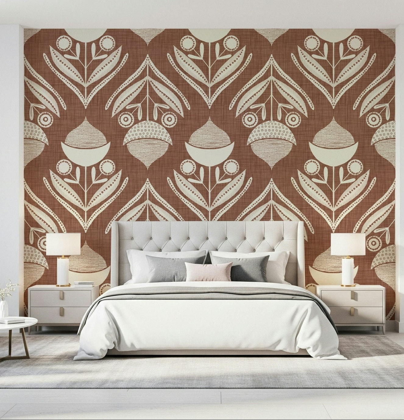 Earth-toned wallpaper showcasing cream flowers arranged in a bold, symmetrical layout