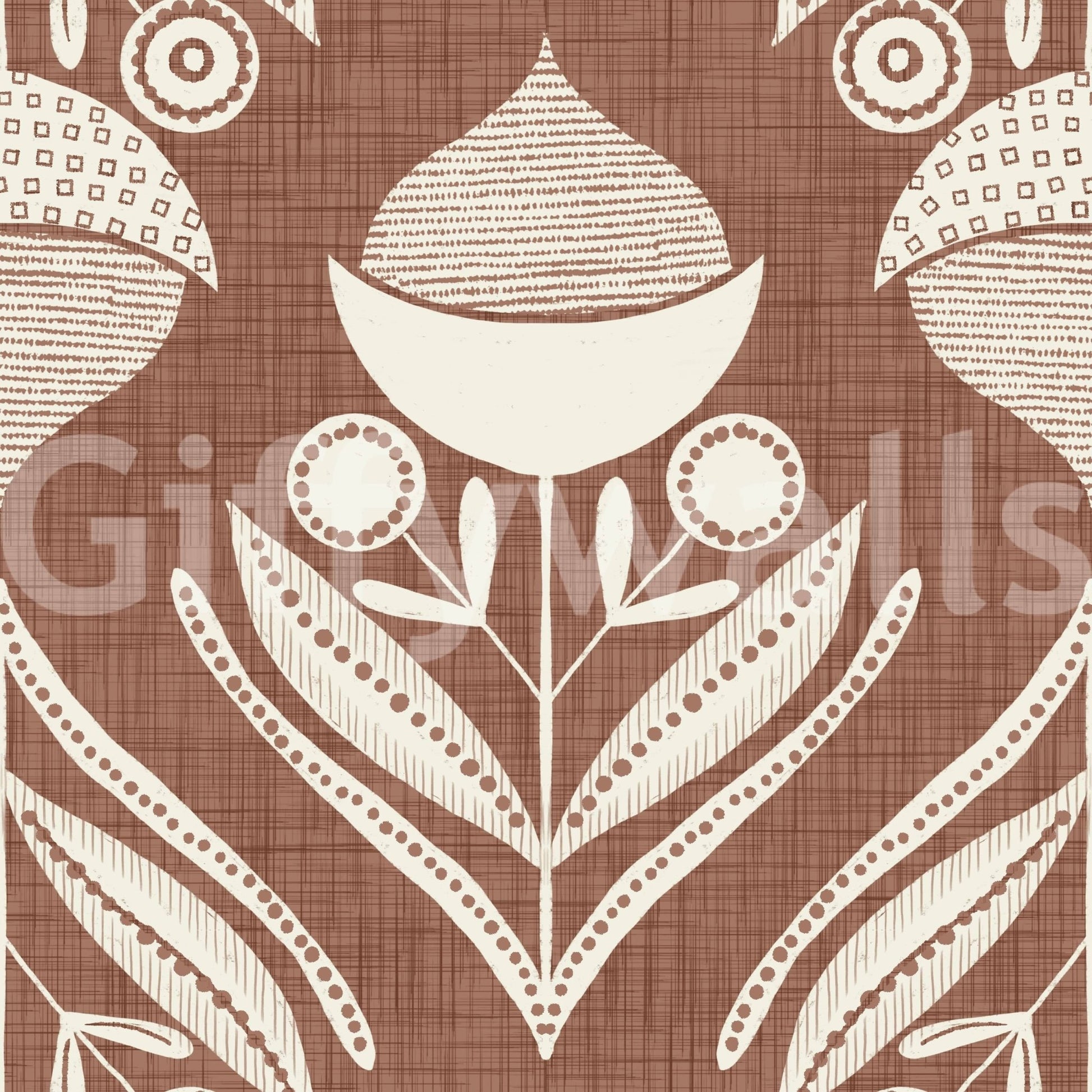 Repeating earth-inspired motif with curved leaves, circular buds, and textured pods on a warm background