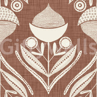 Repeating earth-inspired motif with curved leaves, circular buds, and textured pods on a warm background
