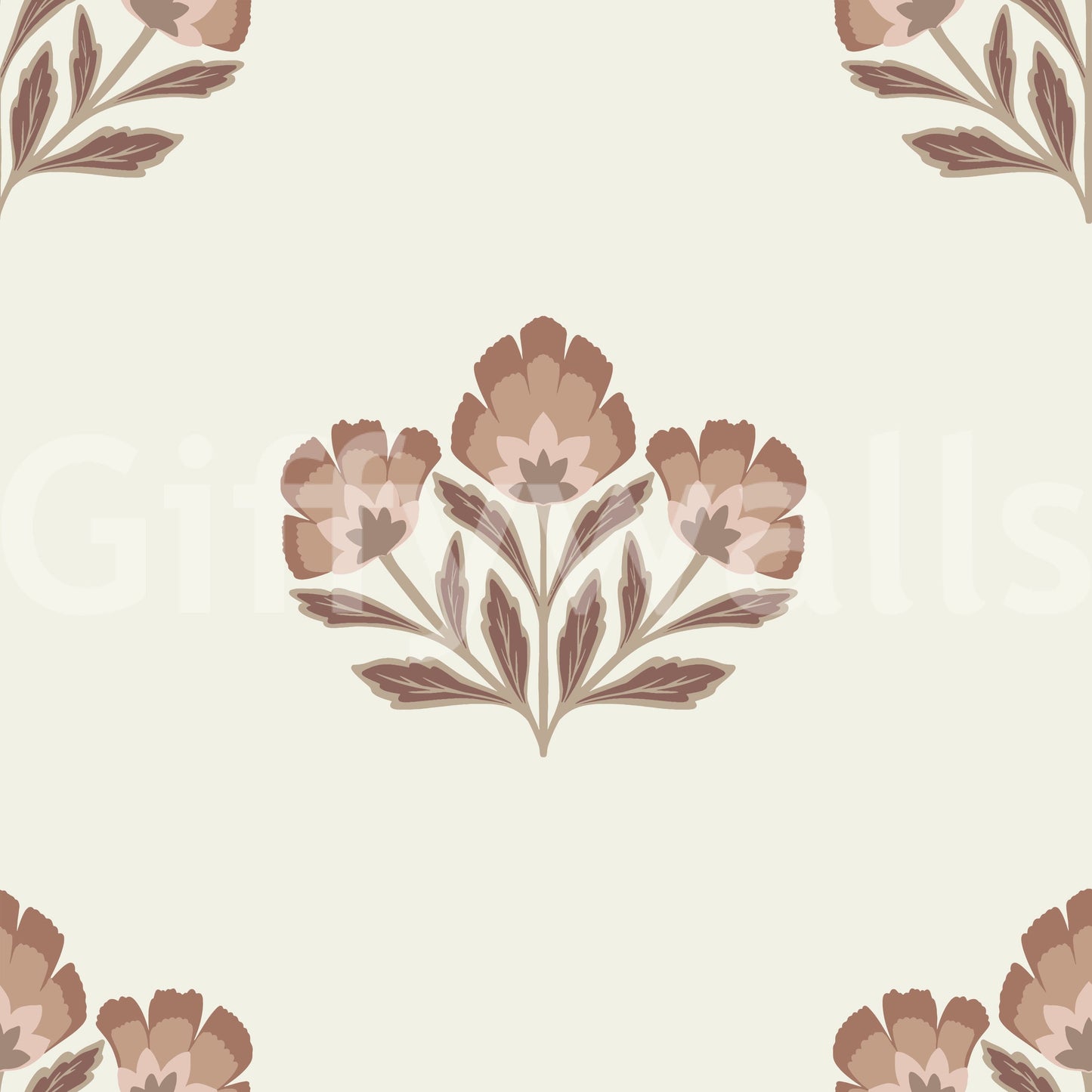 Earthy Flora design, elegant floral wallpaper, soothing colors, charming.