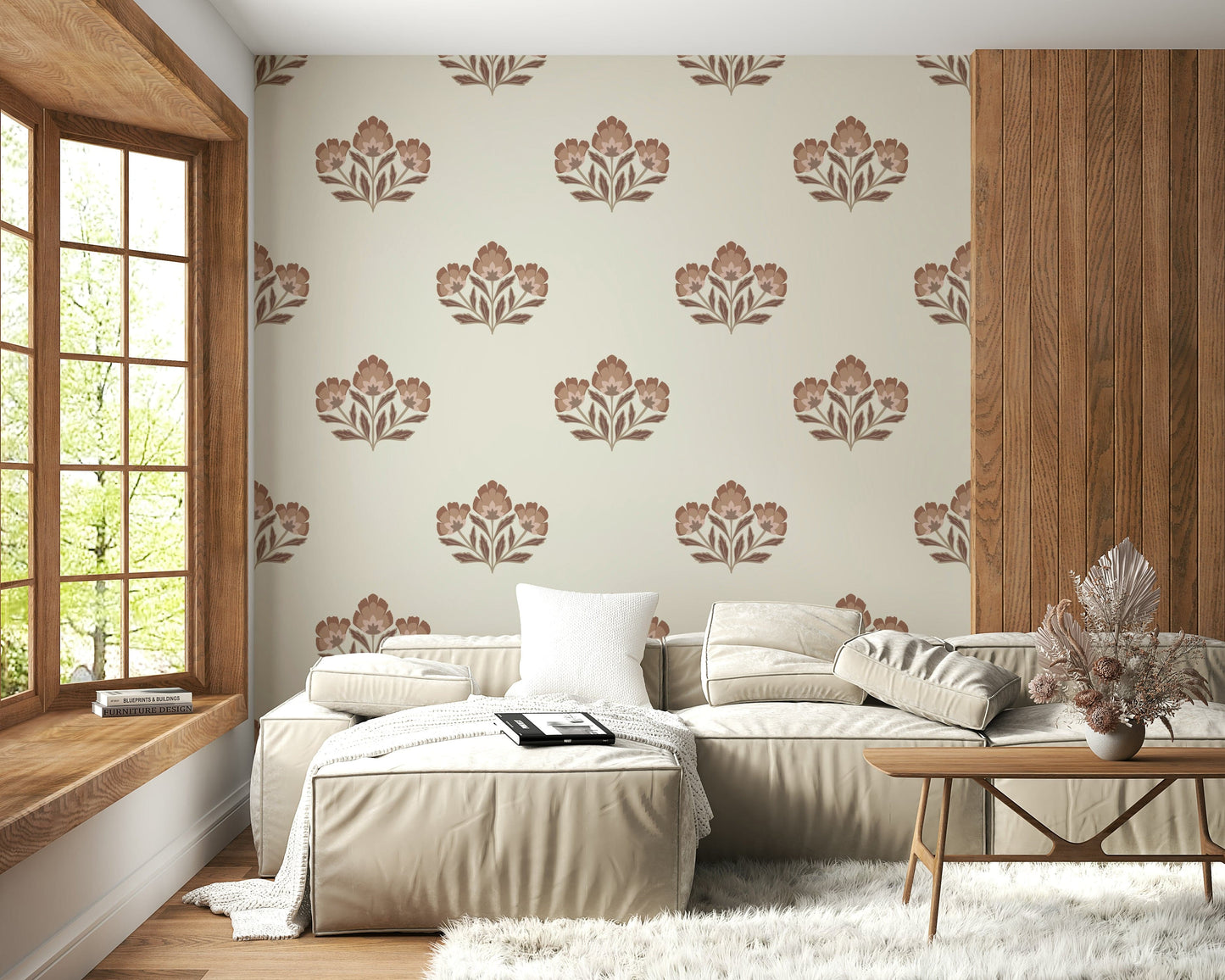 Serene wall mural, repeated flower image, soft brown leaves, Earthy Flora.