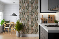 Vintage-inspired floral wallpaper mural with ornate earthy patterns and symmetrical detailing.