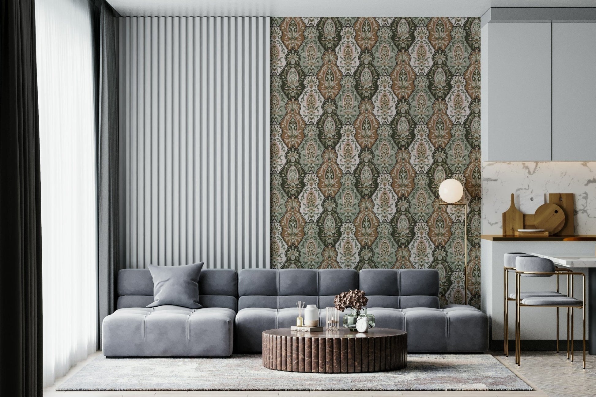 Elegant botanical wallpaper mural with vintage-style earthy floral patterns.