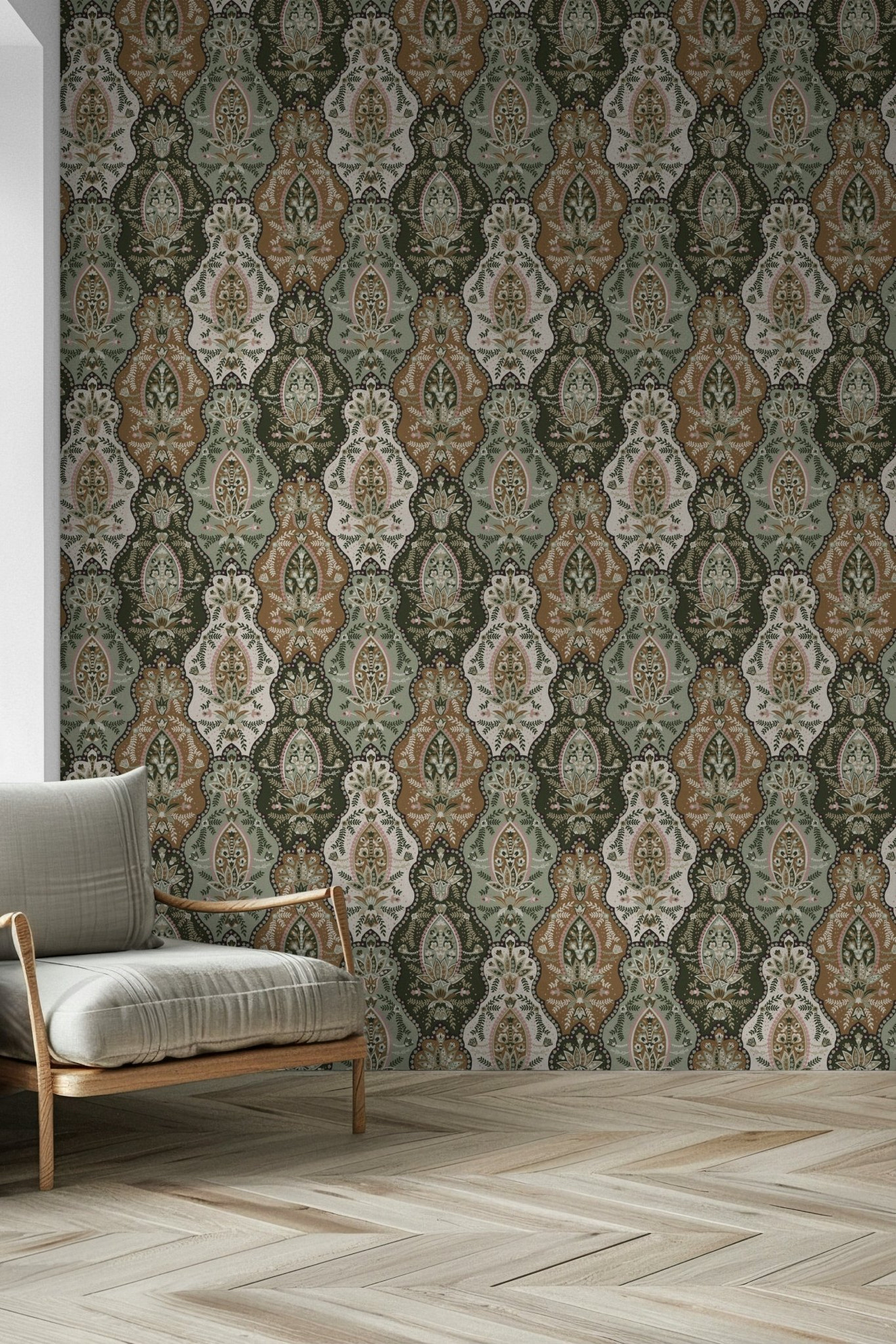 Classic earthy florals wallpaper mural with ornate, symmetrical floral elements.