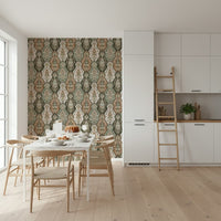 Repeating earthy florals wallpaper with decorative, ornate plant-inspired motifs.