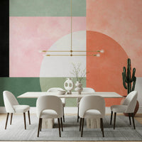 A peaceful organic shape mural on decorative wallpaper.

