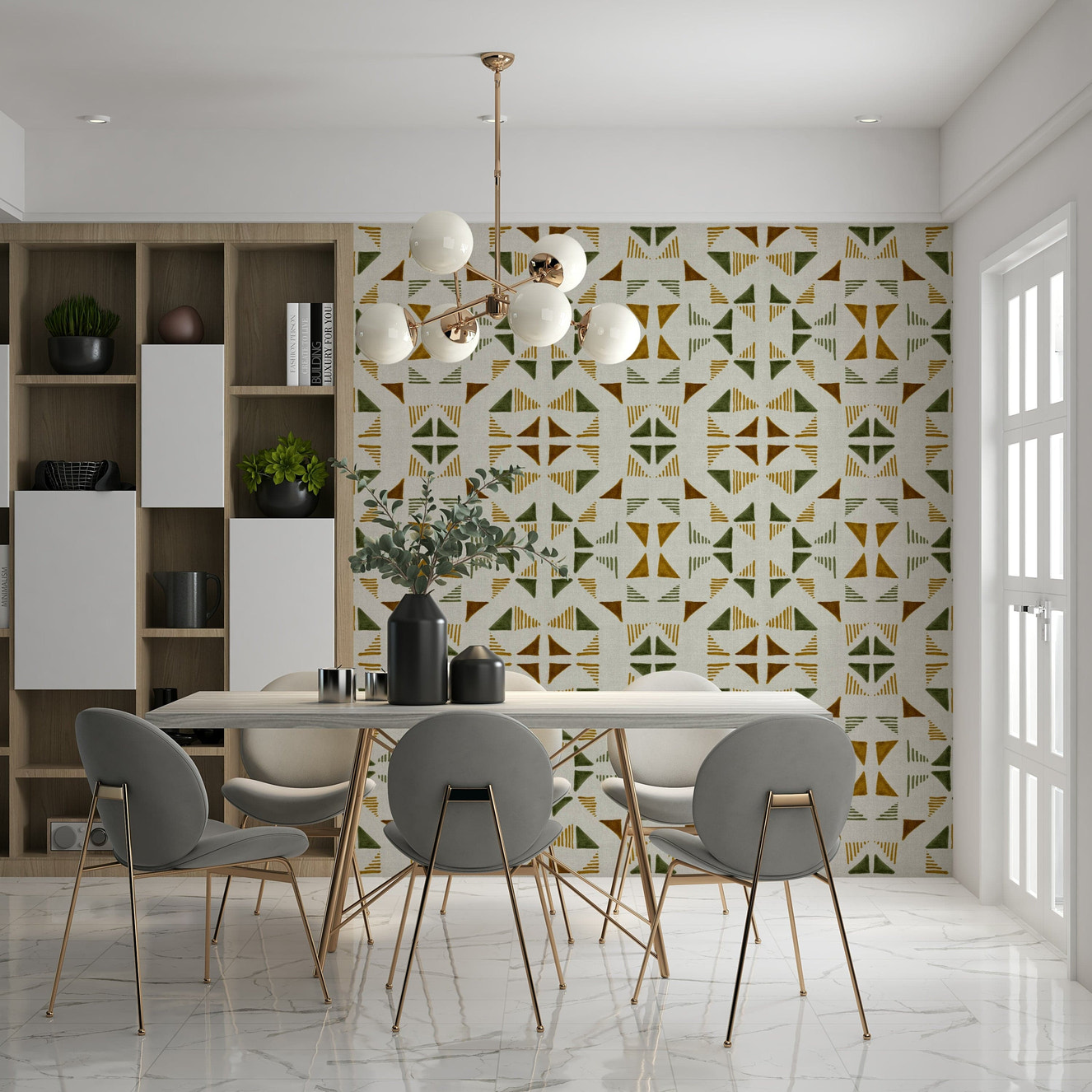 Triangles Composition Foliage Wallpaper — stylish mix of green hues and earthy accents.