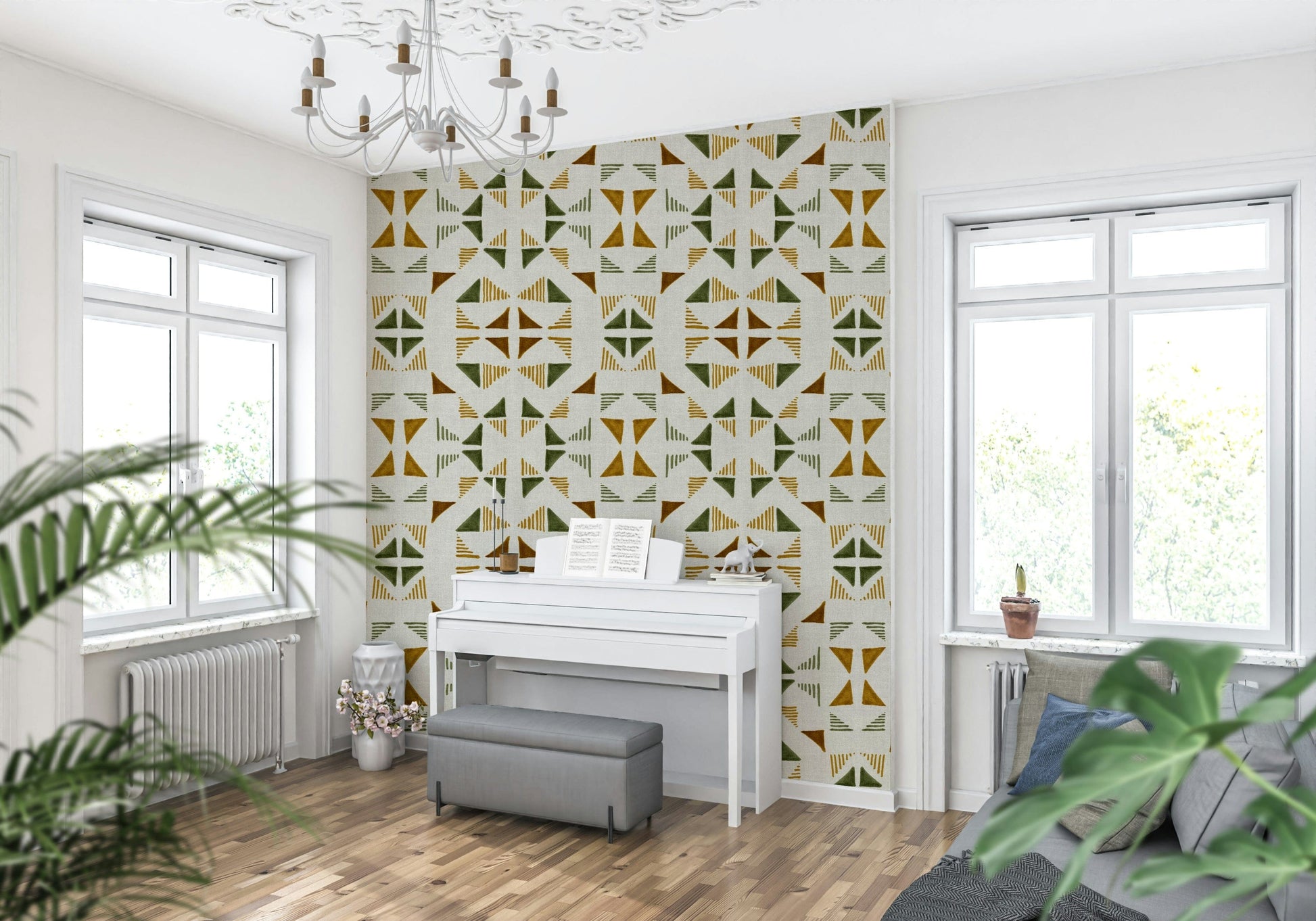 Triangles Composition Foliage Wallpaper featuring geometric shapes in green and earthy foliage tones.