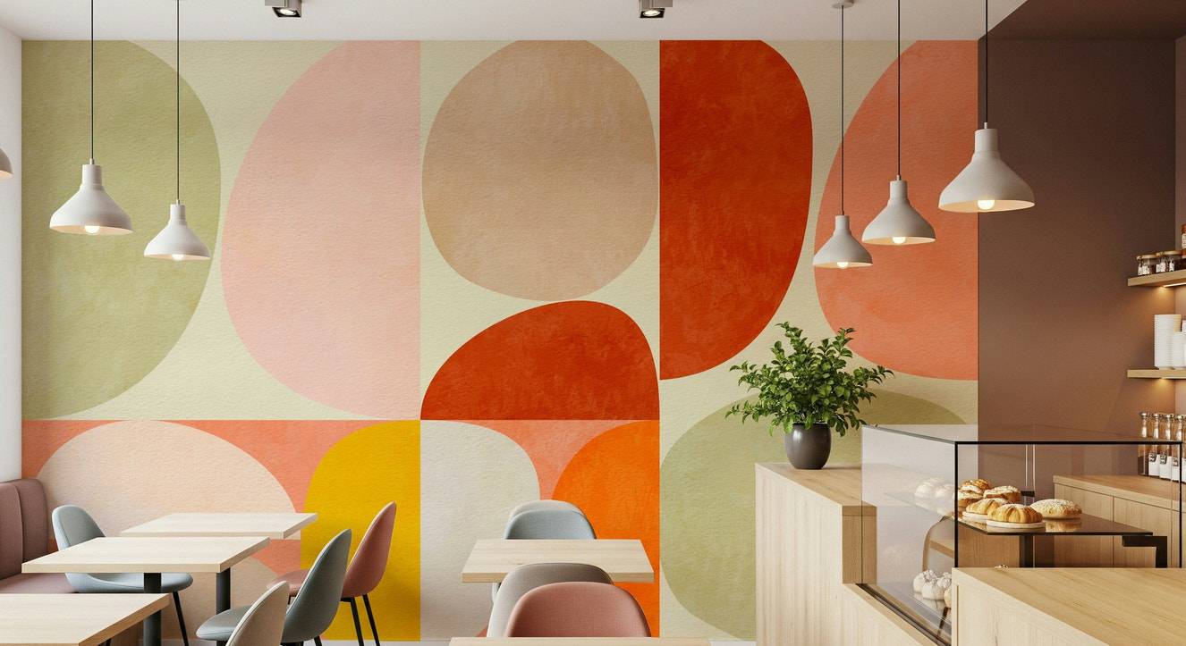 A graceful subtle geometric wall mural in cool, natural tones.

