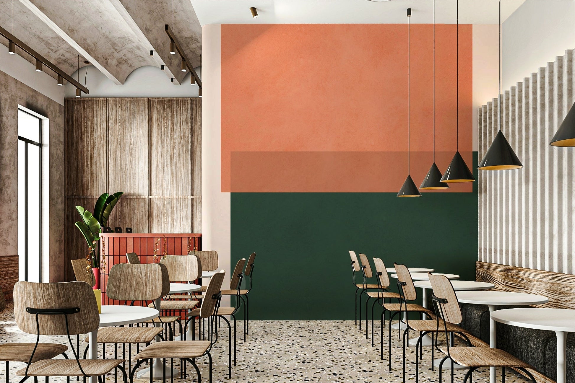 Neutral colour abstract mural for a modern living space interior.