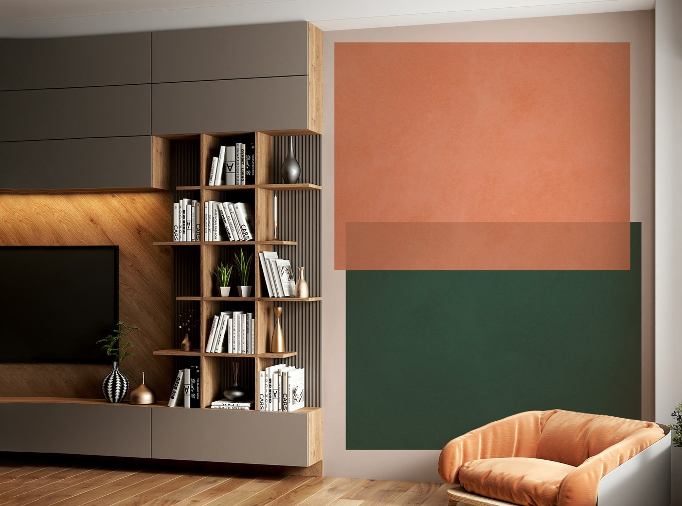 Earthy Geometry Wall Mural in an open plan living space layout.