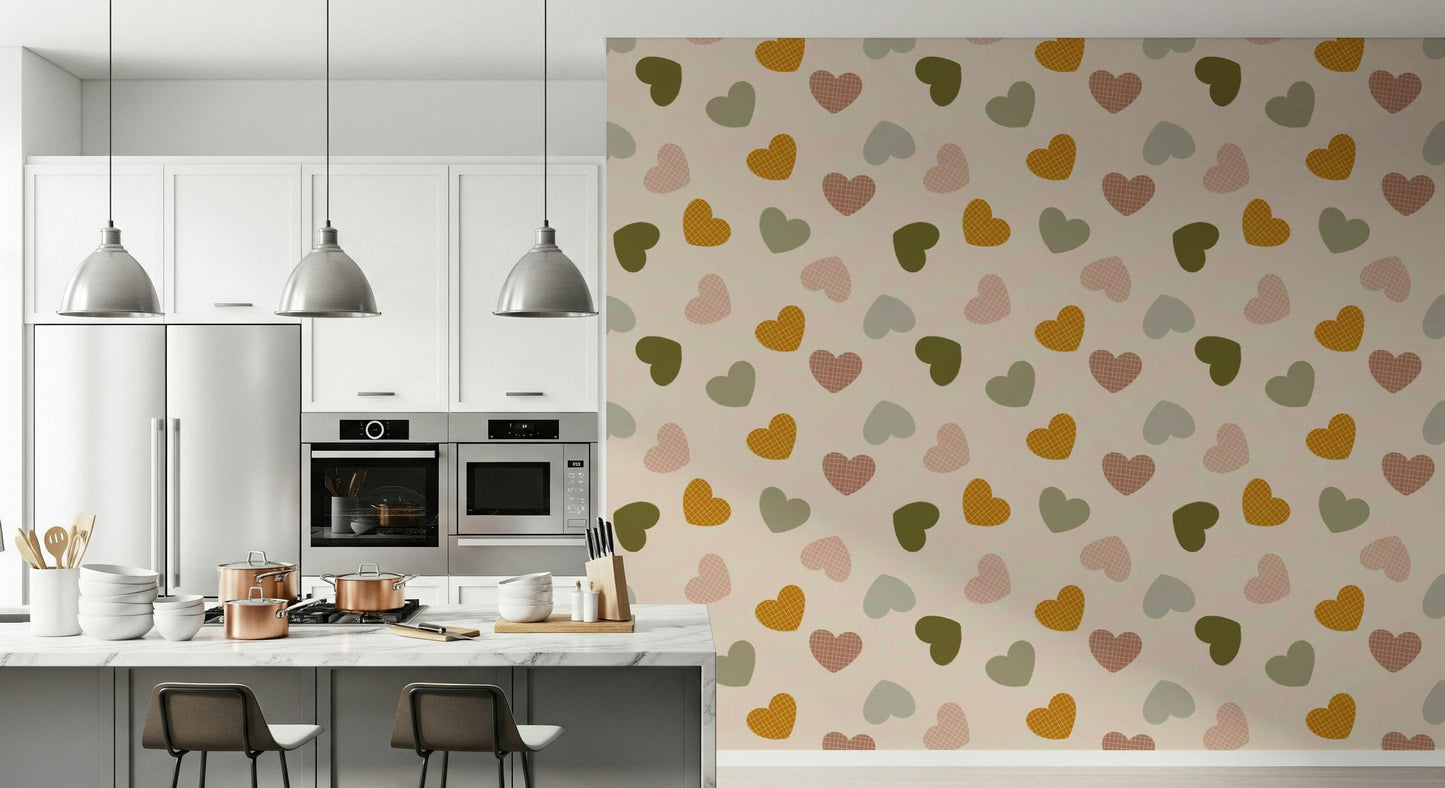 Playful heart shapes in mustard, olive, blush, and beige forming a sweet pattern on this wallpaper.