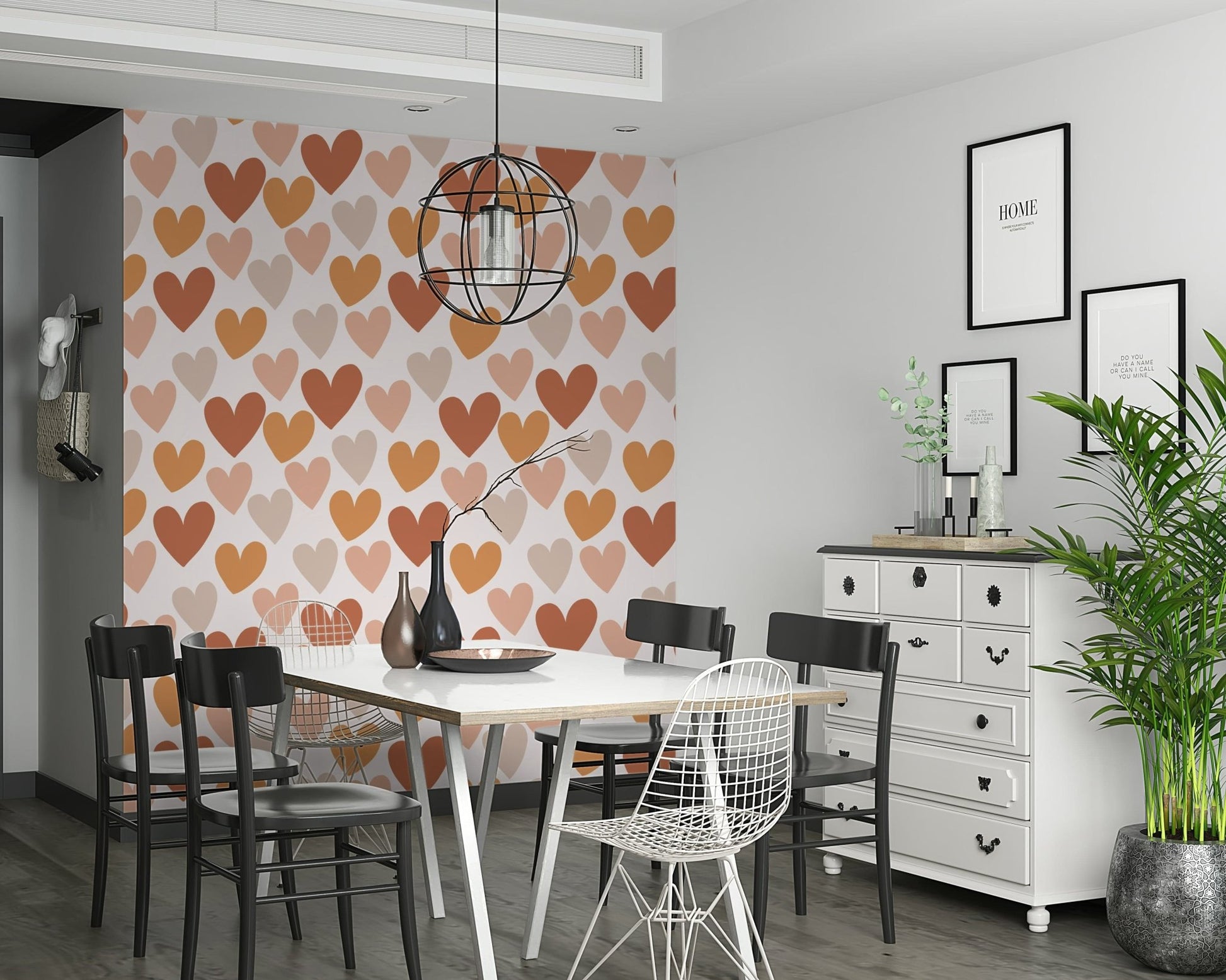 A playful wallpaper with terracotta and beige hearts arranged in a charming repeating design.