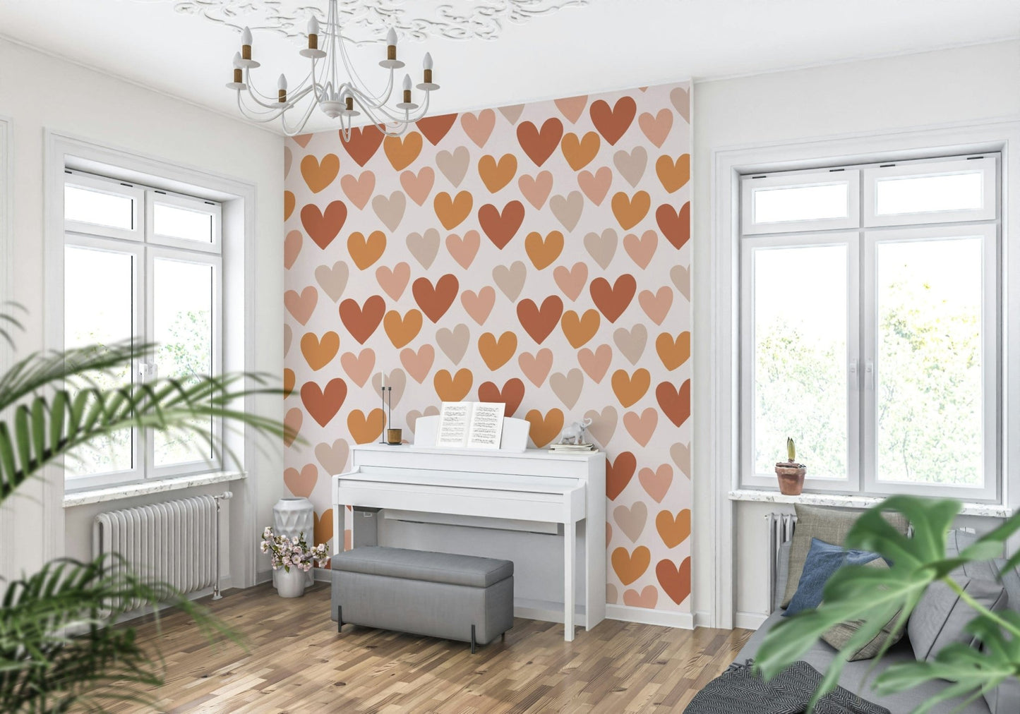 Earth-toned hearts scattered in a neat pattern across a soft neutral background in this cozy wallpaper.