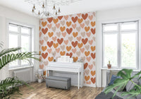 Earth-toned hearts scattered in a neat pattern across a soft neutral background in this cozy wallpaper.