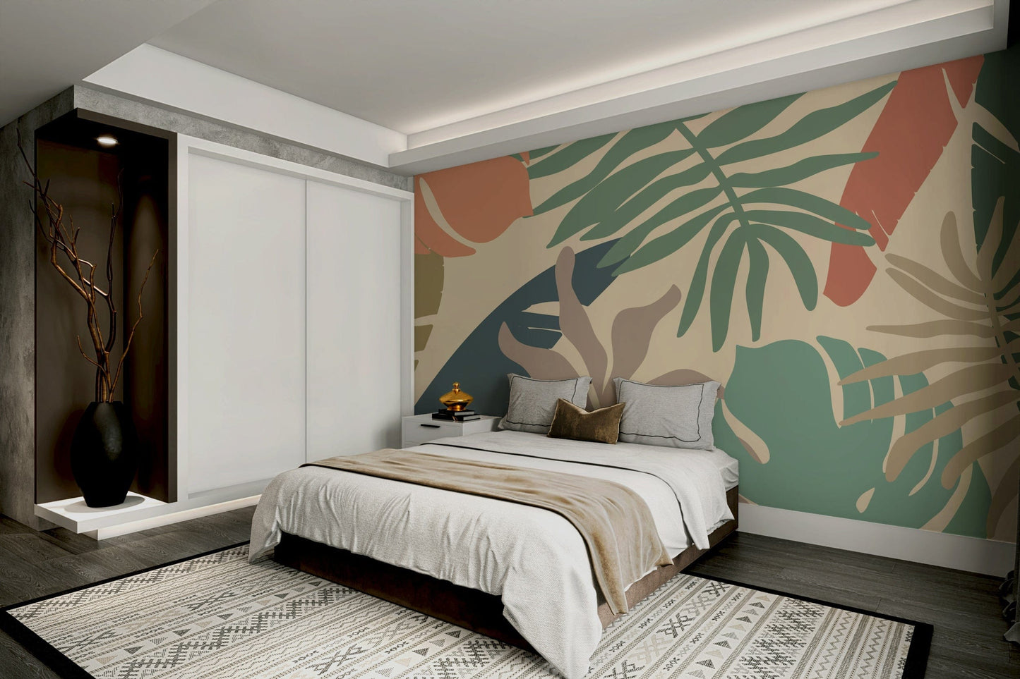 A calming foliage design wallpaper mural that defines a space.

