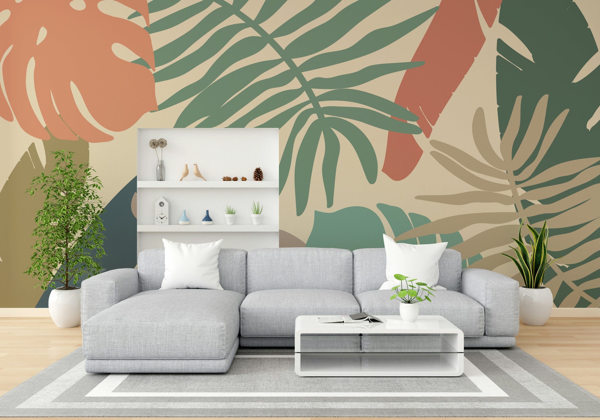An artistic nature escape mural for home decor.

