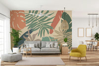 A peaceful tropical forest mural on decorative wallpaper.

