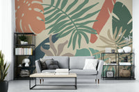 An artistic jungle leaf mural on minimalist wallpaper.


