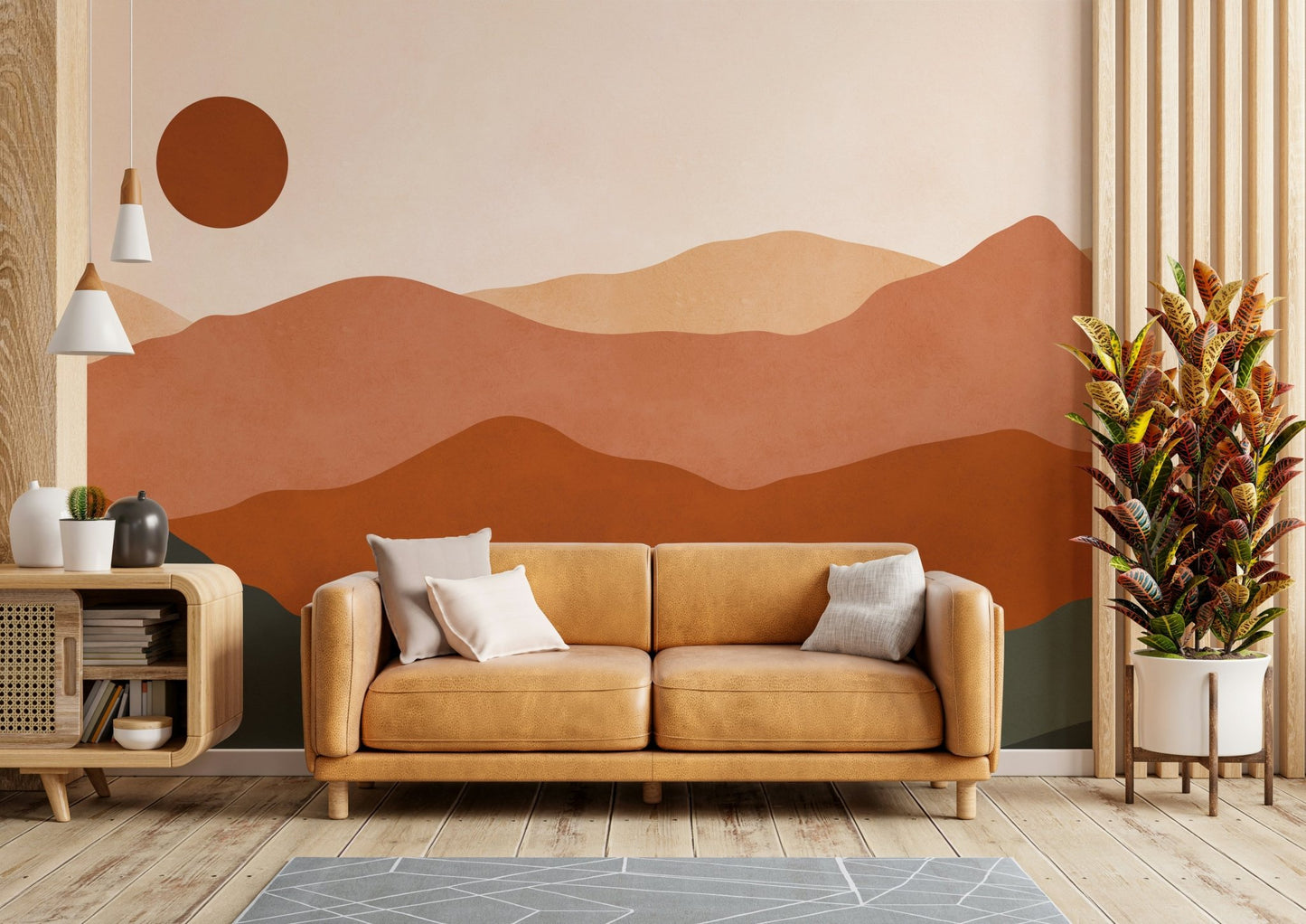The wall mural is installed on a living room feature wall.


