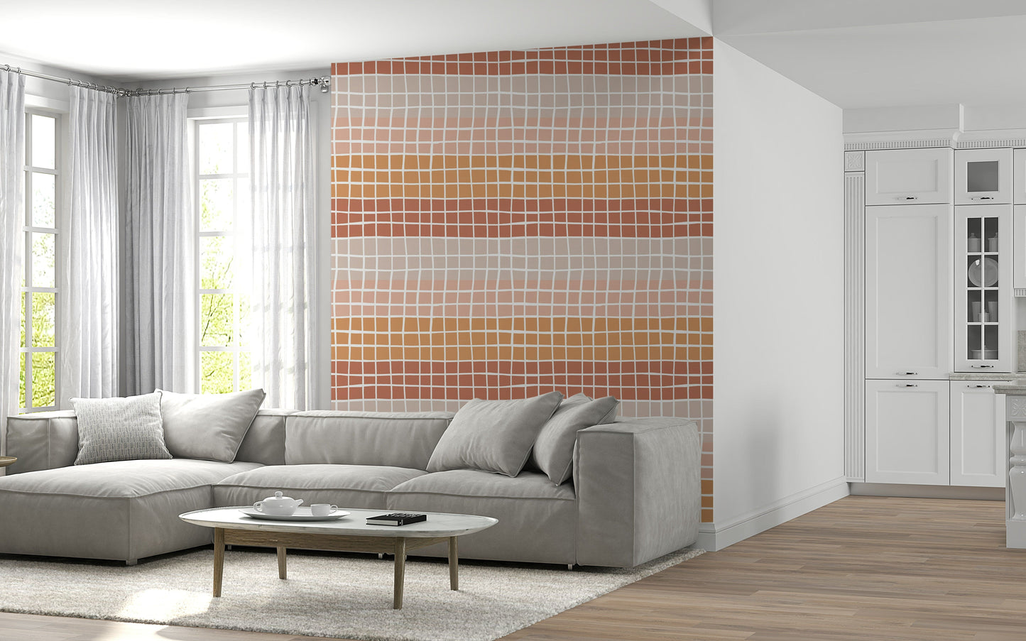 A modern earthy squares wallpaper with uneven grid lines blending warm pink, peach, and brown tones.