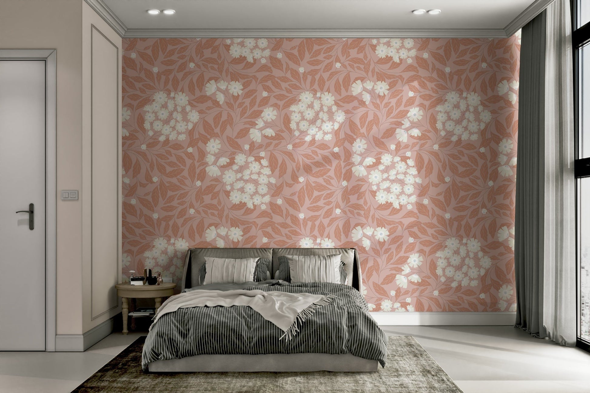 Neutral color floral graphics for a sophisticated guest suite.