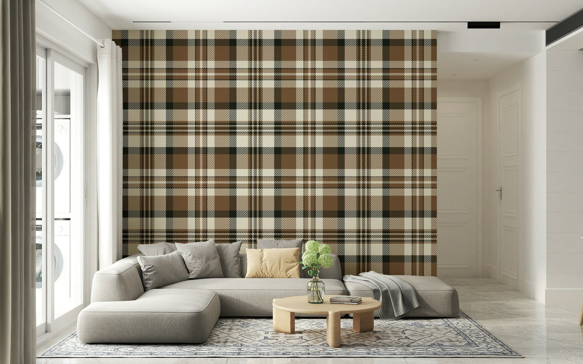 Plaid wallpaper in earthy shades of brown, beige, and green for a rustic look.