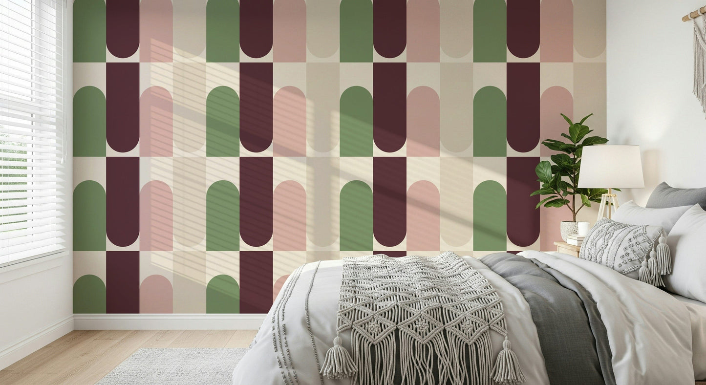 Sage green, mauve, and pink Shapes Blend wall mural.