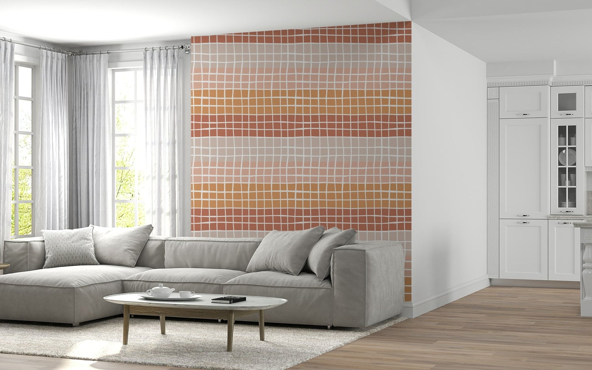 A modern earthy squares wallpaper with uneven grid lines blending warm pink, peach, and brown tones.